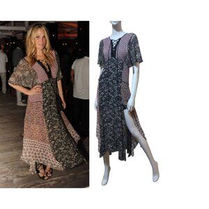 Zara Patchwork Sundress S Asymmetric Semi Sheer Gauzy Lace Up Molly Sims 2015